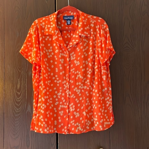 Evan Picone capped sleeved orange sheer blouse with tan polka dots. Size 16W - Picture 1 of 7
